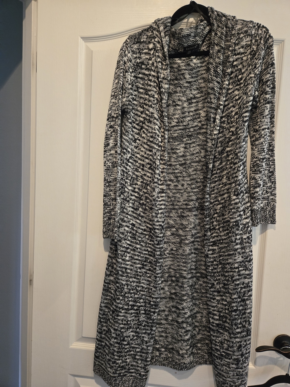 Long Open-Front Black & White Knit Cardigan Sweater